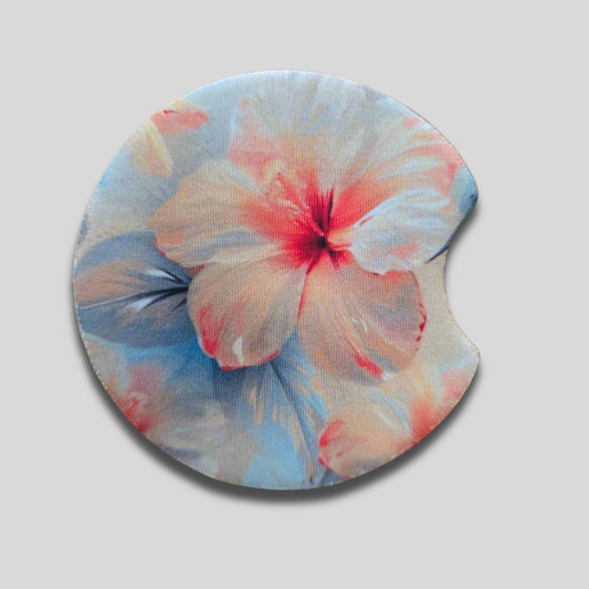 Pastel Hibiscus Coasters 2-Pack - Round Car Cup Holder Coasters With Finger Groove Design