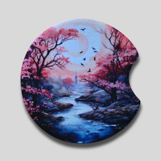 Enchanted Woodlands Coasters 2-Pack - Round Car Cup Holder Coasters With Finger Groove Design