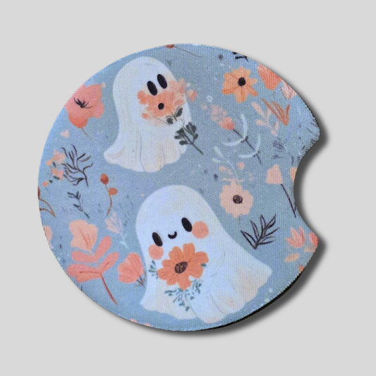 Cute Ghost Coasters 2-Pack - Round Car Cup Holder Coasters With Finger Groove Design