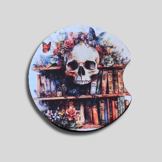 Skull Bookshelf Coasters 2-Pack - Round Car Cup Holder Coasters With Finger Groove Design