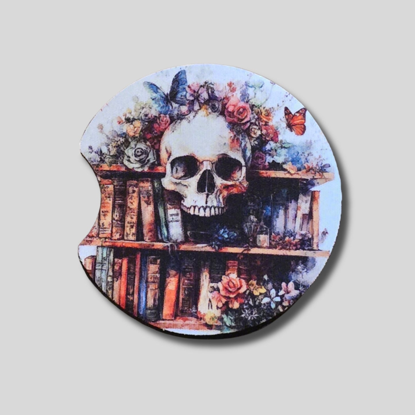 Skull Bookshelf Coasters 2-Pack - Round Car Cup Holder Coasters With Finger Groove Design