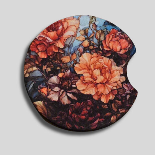 Stained Glass Flower Coasters 2-Pack - Round Car Cup Holder Coasters With Finger Groove Design
