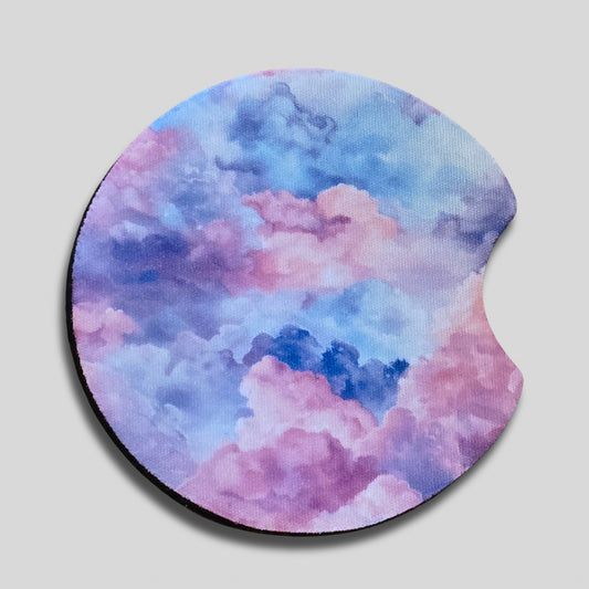 Pastel Clouds Coasters 2-Pack - Round Car Cup Holder Coasters With Finger Groove Design