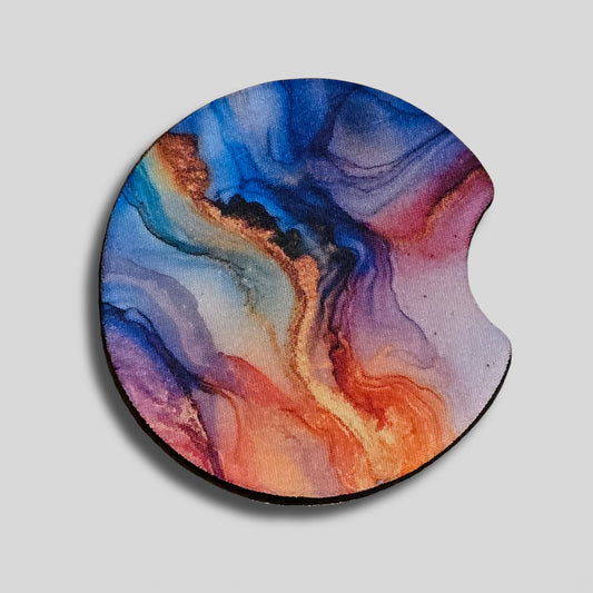 Colourful Watercolour Coaster 2-Pack - Round Car Cup Holder Coasters With Finger Groove Design