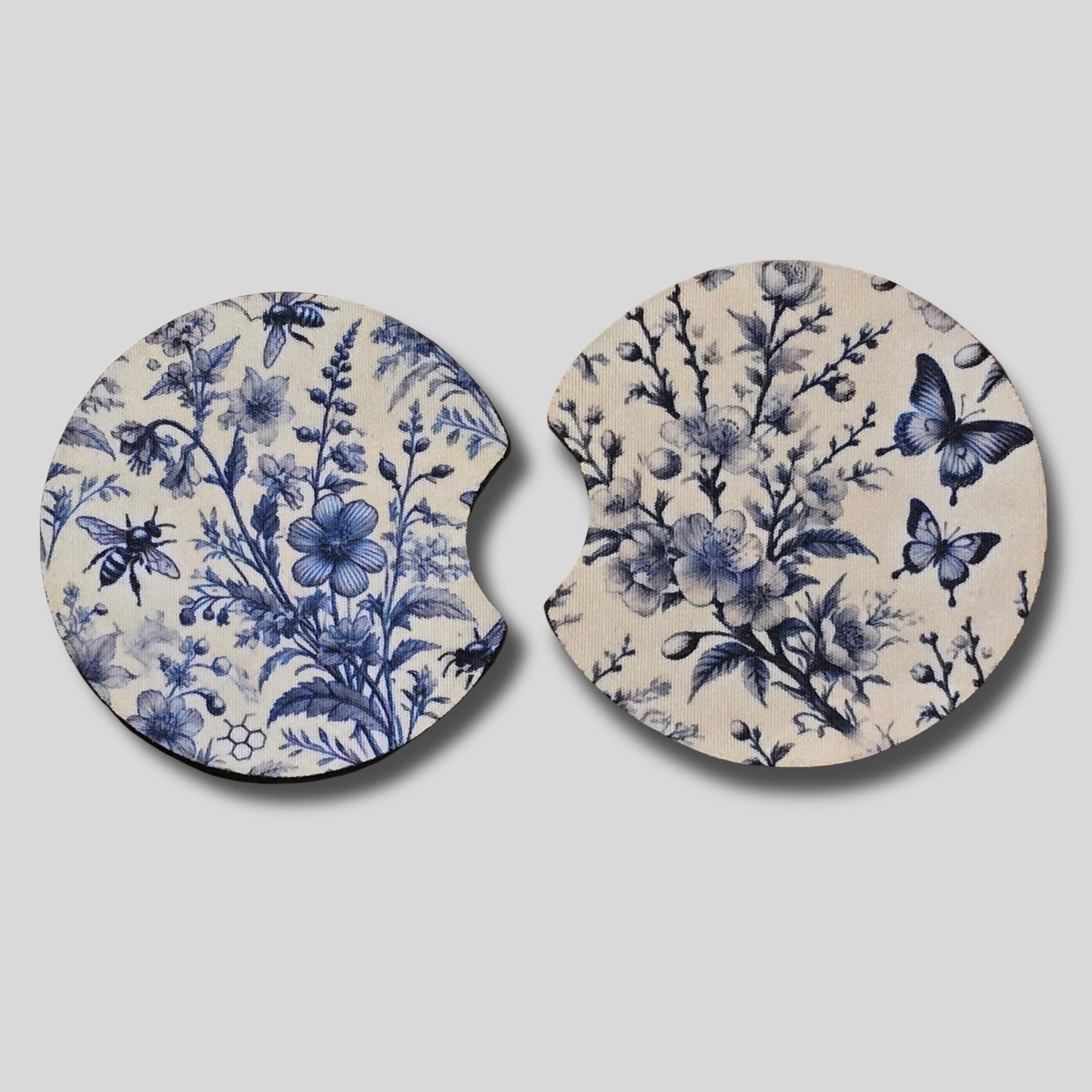 Blue Toile Coasters 2-Pack - Round Car Cup Holder Coasters With Finger Groove Design