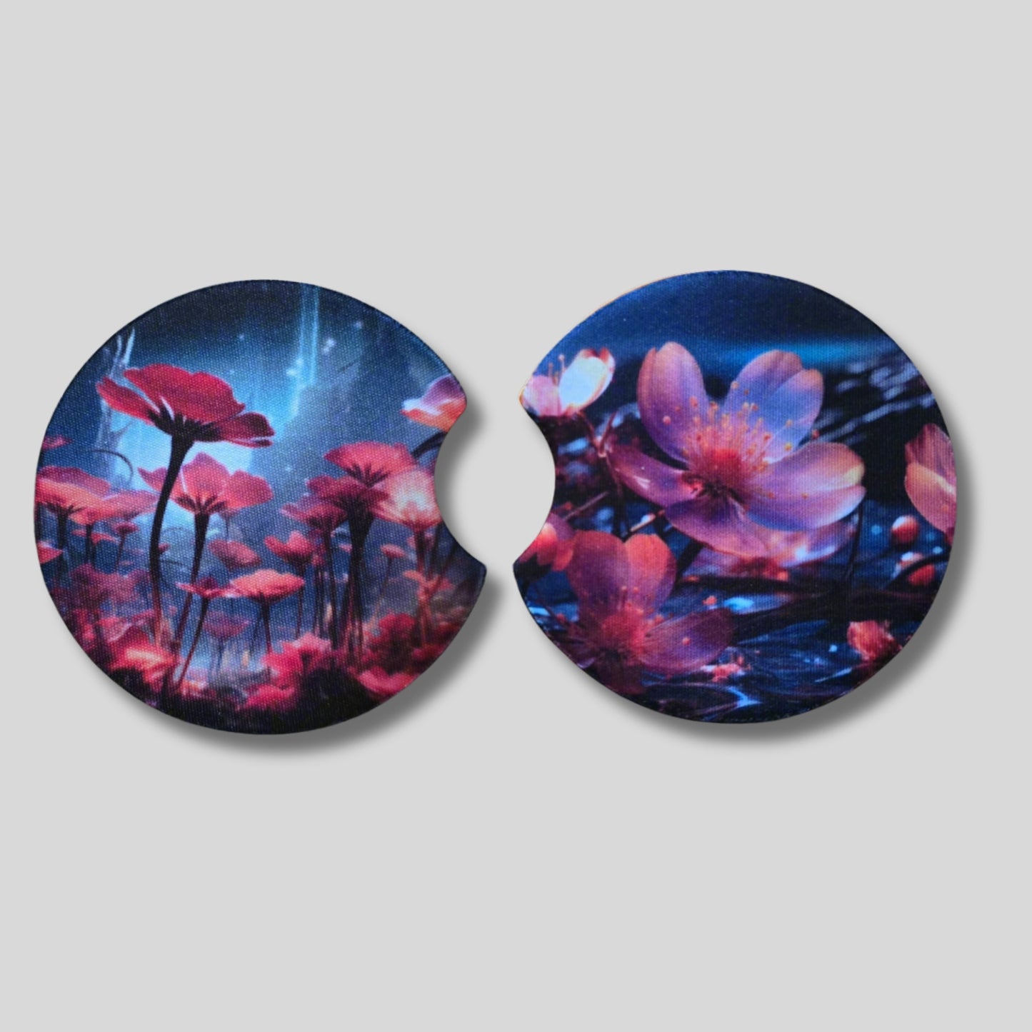 Cosmic Bloom Coasters 2-Pack - Round Car Cup Holder Coasters With Finger Groove Design