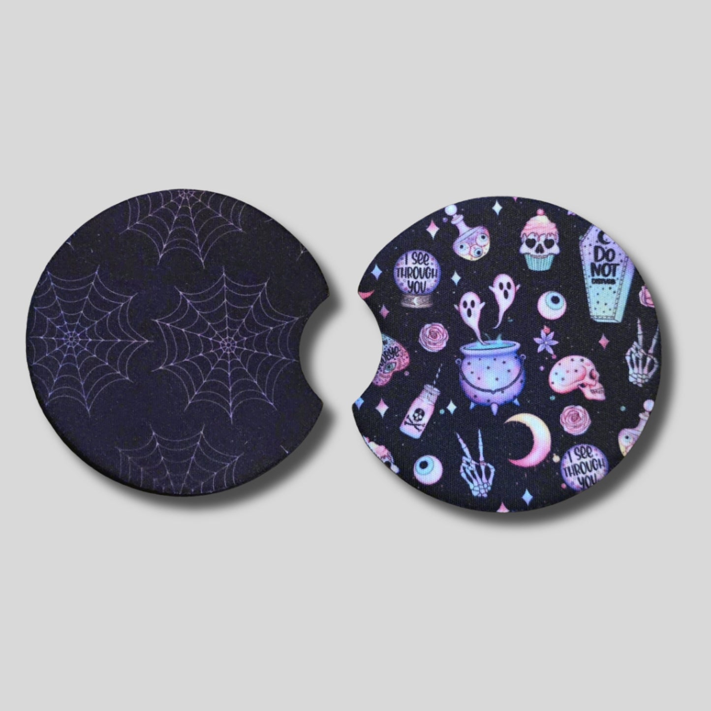Pastel Goth Coasters 2-Pack - Round Car Cup Holder Coasters With Finger Groove Design