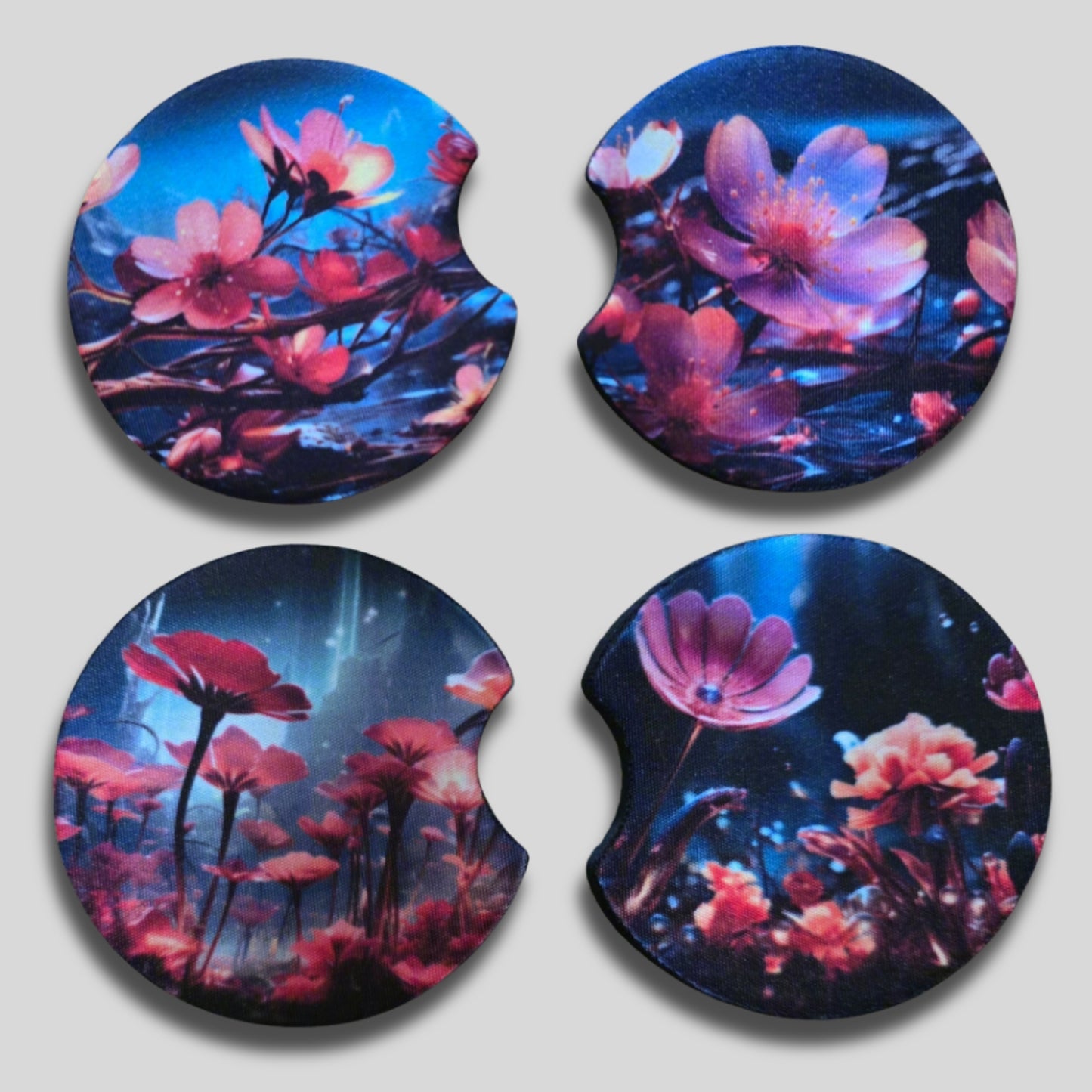 Cosmic Bloom Coasters 2-Pack - Round Car Cup Holder Coasters With Finger Groove Design
