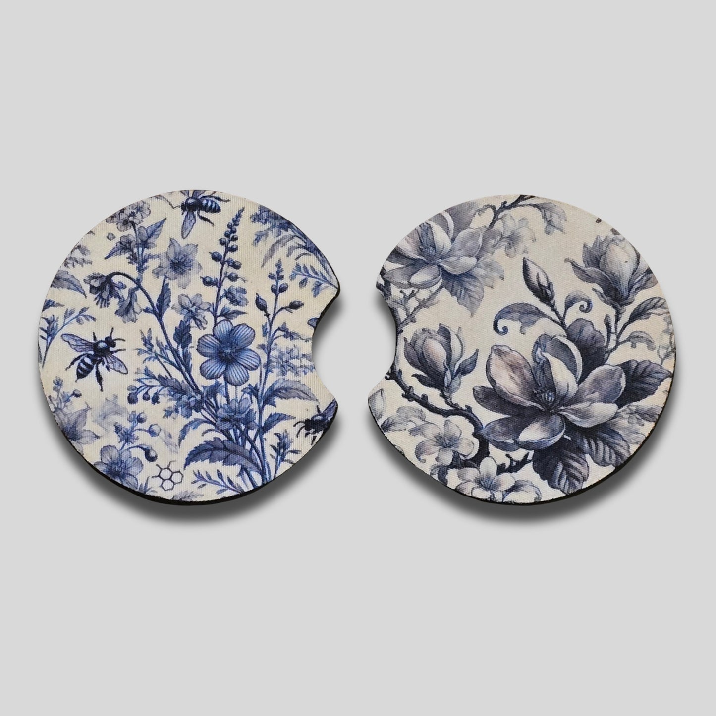 Blue Toile Coasters 2-Pack - Round Car Cup Holder Coasters With Finger Groove Design