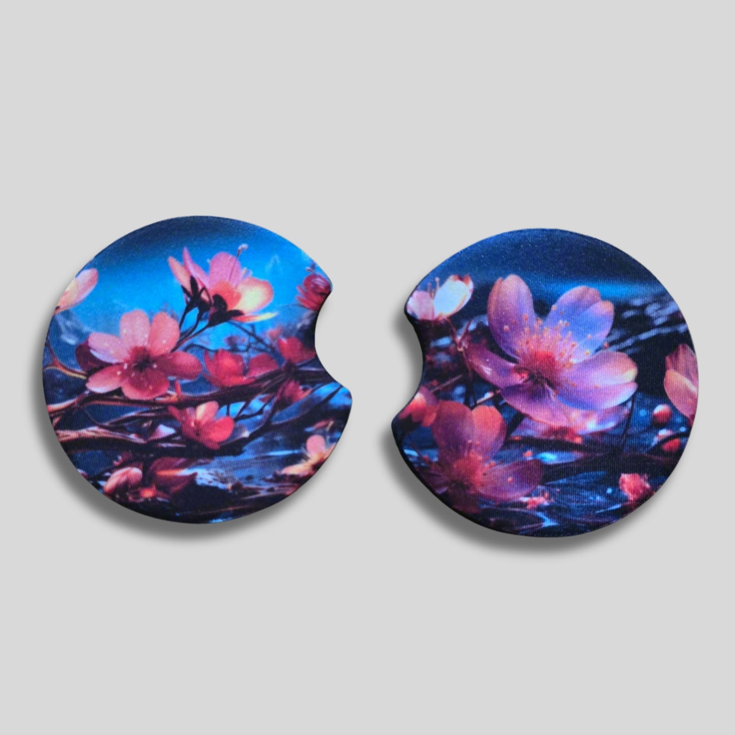 Cosmic Bloom Coasters 2-Pack - Round Car Cup Holder Coasters With Finger Groove Design
