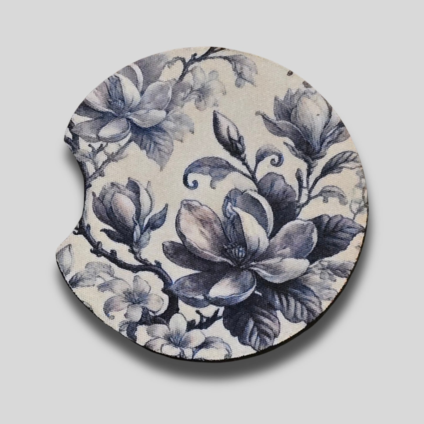 Blue Toile Coasters 2-Pack - Round Car Cup Holder Coasters With Finger Groove Design