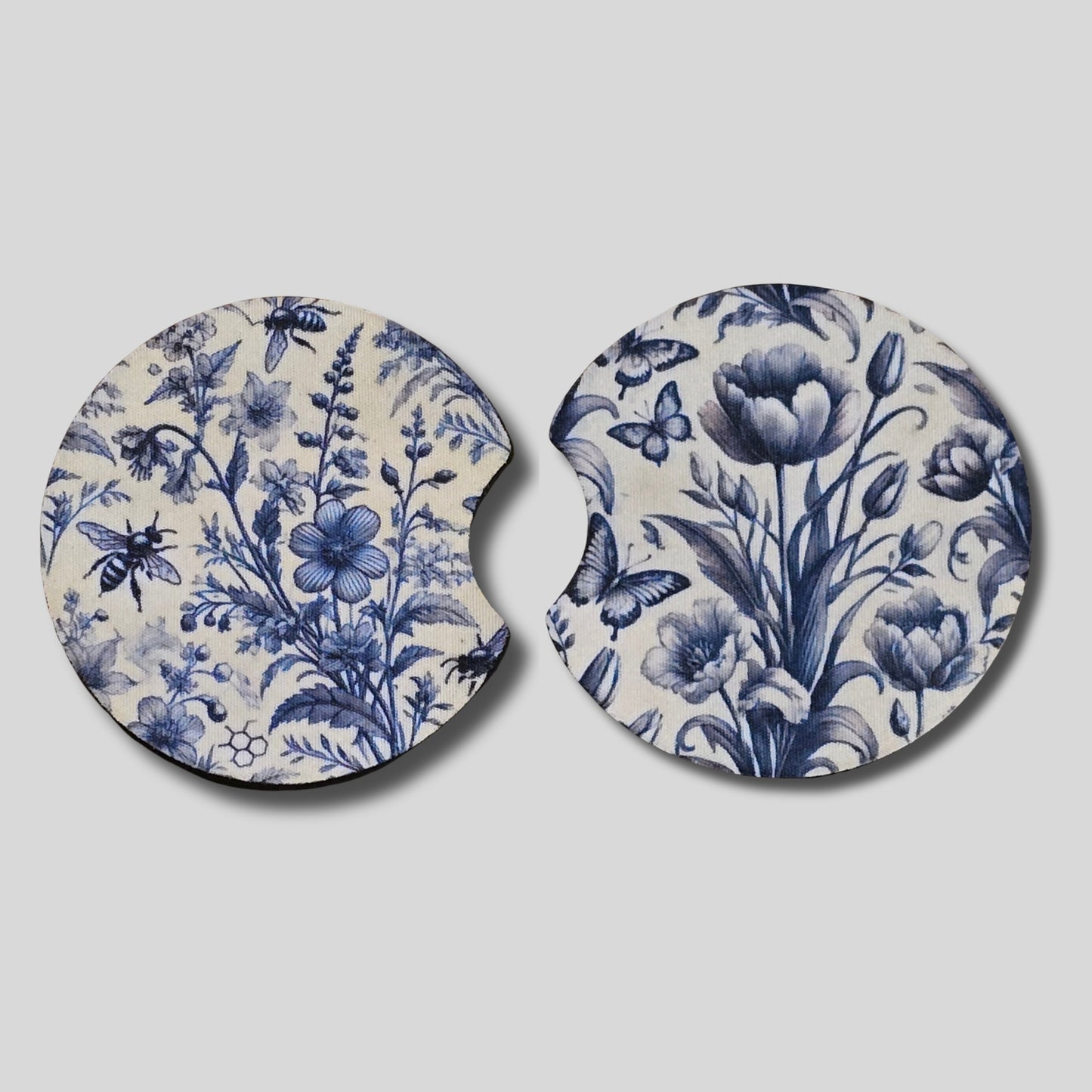 Blue Toile Coasters 2-Pack - Round Car Cup Holder Coasters With Finger Groove Design