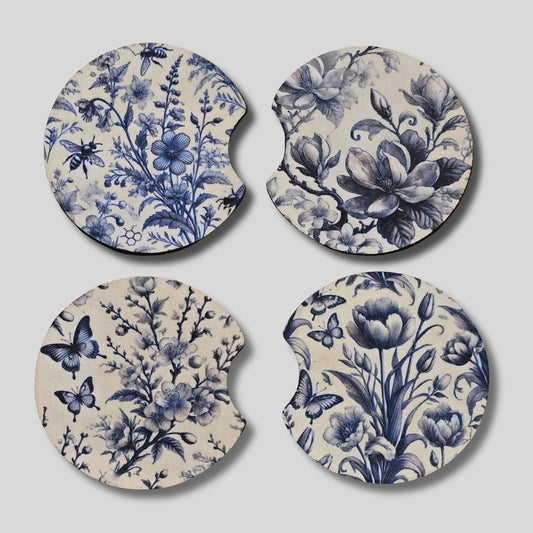 Blue Toile Coasters 2-Pack - Round Car Cup Holder Coasters With Finger Groove Design