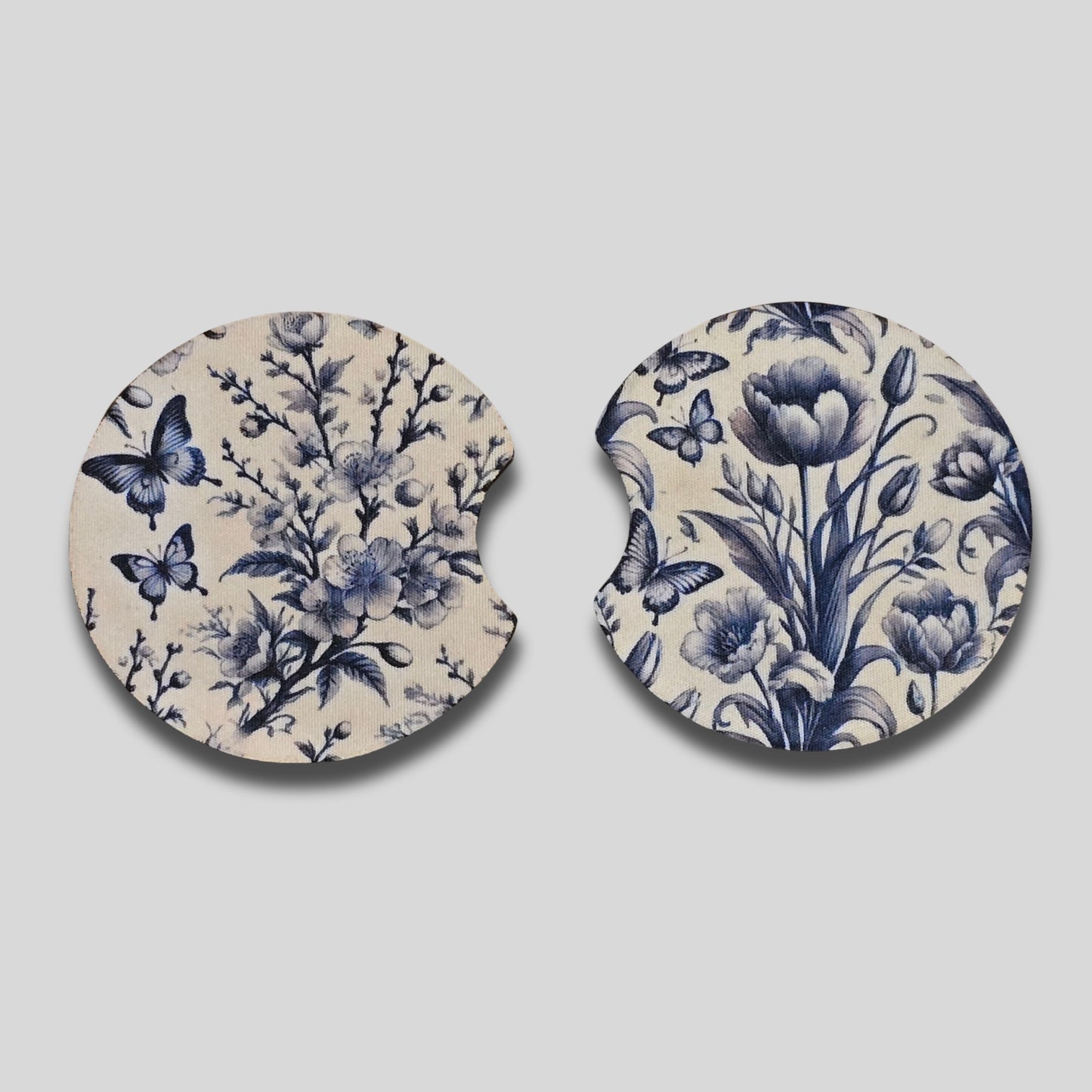 Blue Toile Coasters 2-Pack - Round Car Cup Holder Coasters With Finger Groove Design