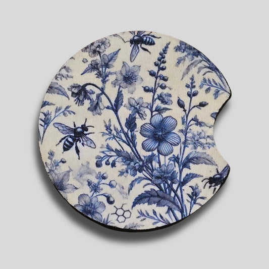Blue Toile Coasters 2-Pack - Round Car Cup Holder Coasters With Finger Groove Design