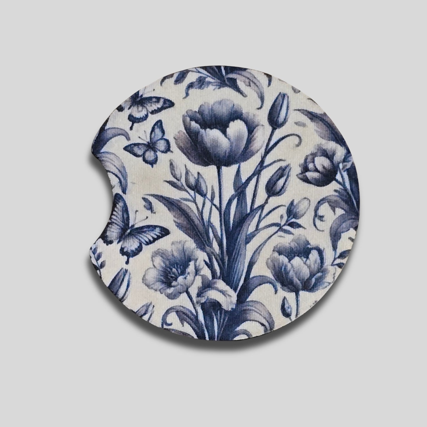 Blue Toile Coasters 2-Pack - Round Car Cup Holder Coasters With Finger Groove Design