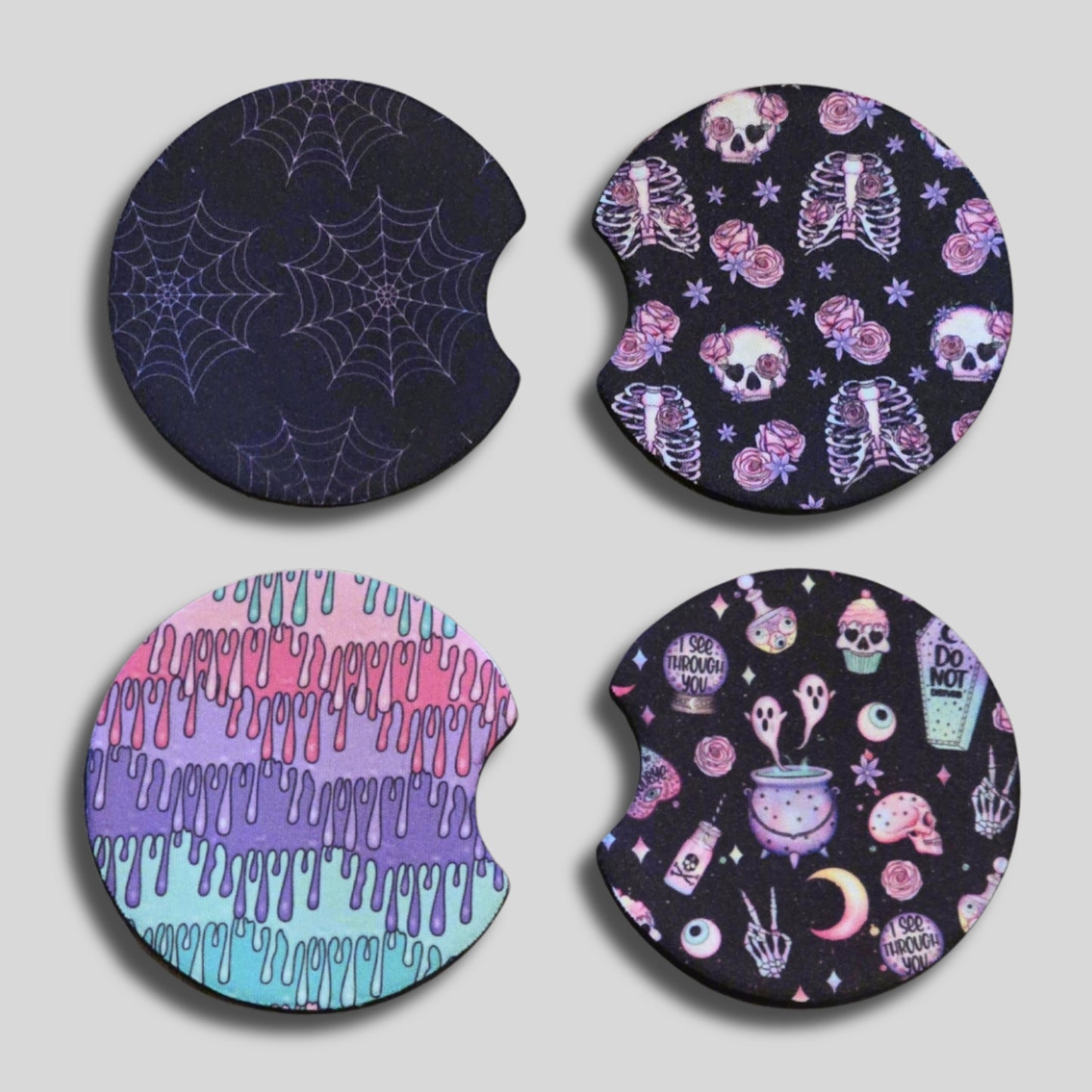 Pastel Goth Coasters 2-Pack - Round Car Cup Holder Coasters With Finger Groove Design
