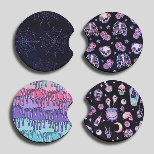 Pastel Goth Coasters 2-Pack - Round Car Cup Holder Coasters With Finger Groove Design