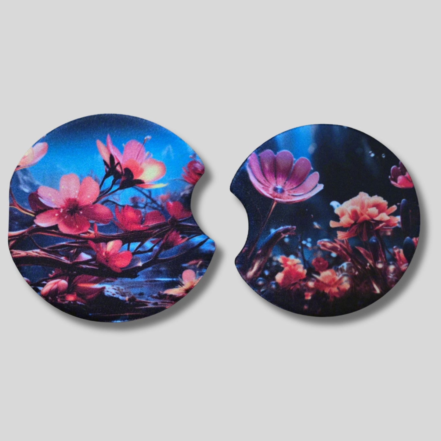 Cosmic Bloom Coasters 2-Pack - Round Car Cup Holder Coasters With Finger Groove Design