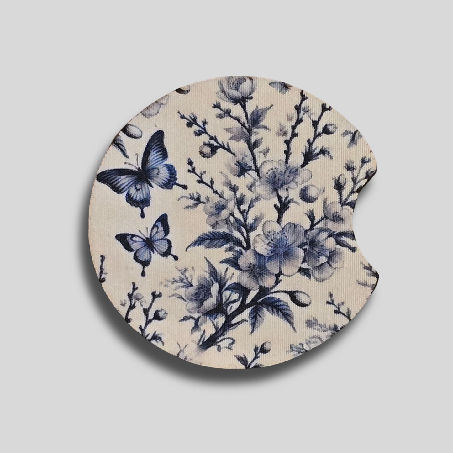 Blue Toile Coasters 2-Pack - Round Car Cup Holder Coasters With Finger Groove Design