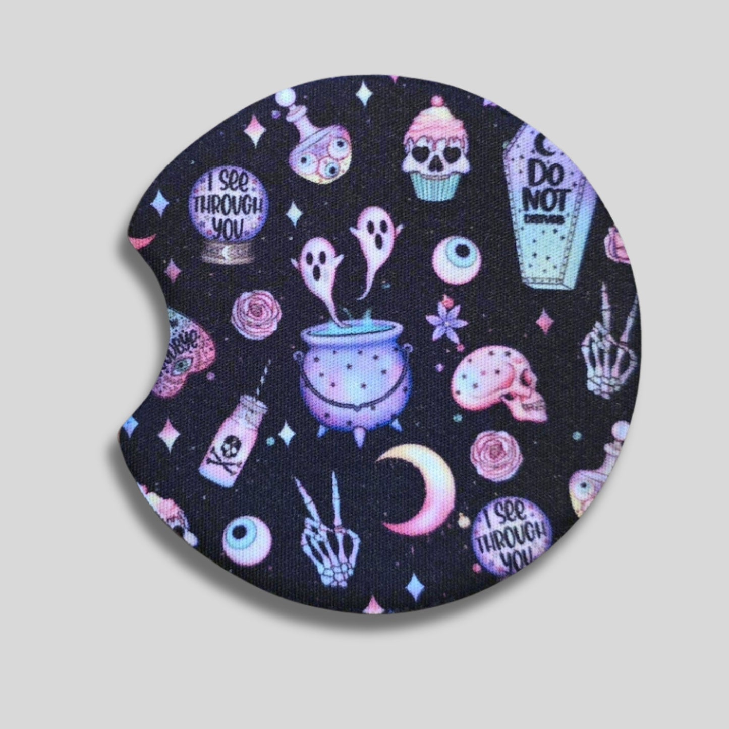 Pastel Goth Coasters 2-Pack - Round Car Cup Holder Coasters With Finger Groove Design