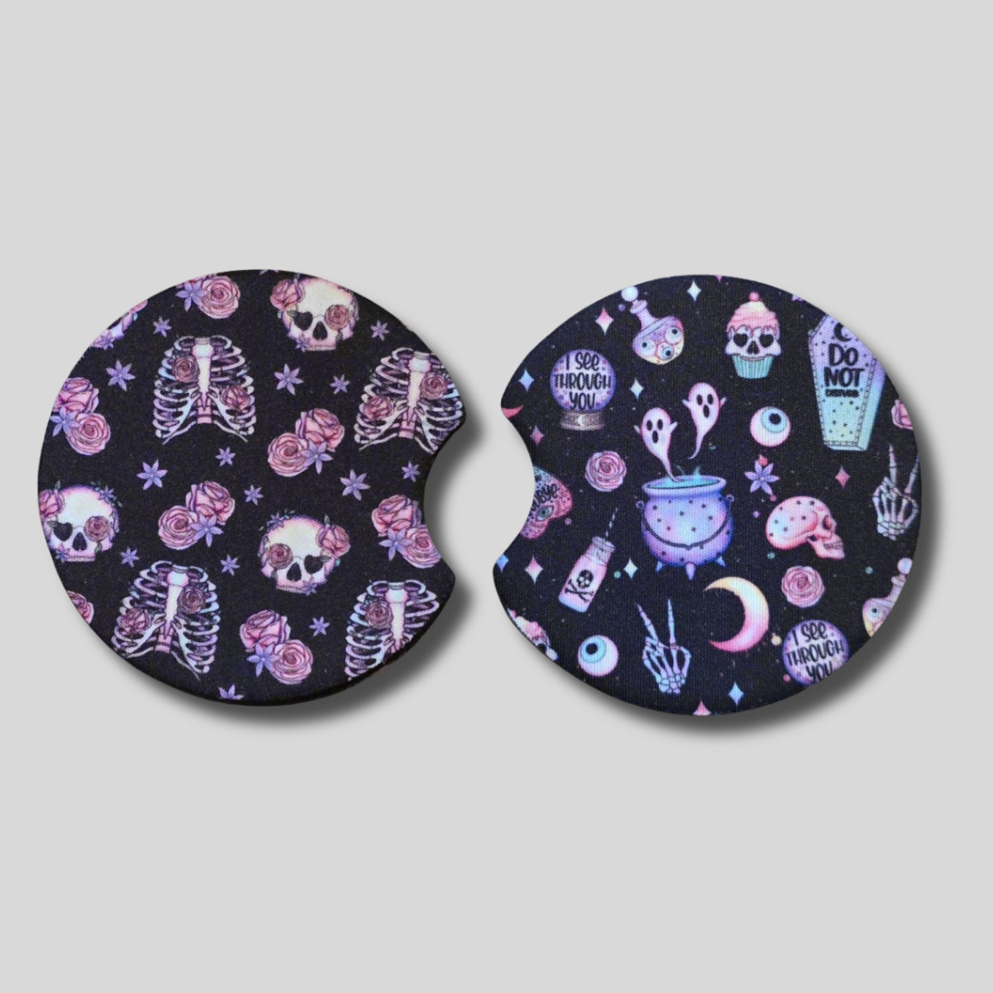 Pastel Goth Coasters 2-Pack - Round Car Cup Holder Coasters With Finger Groove Design