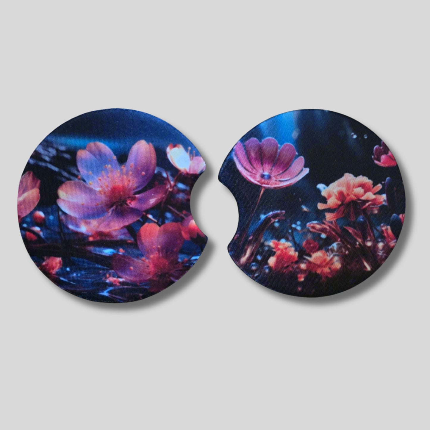 Cosmic Bloom Coasters 2-Pack - Round Car Cup Holder Coasters With Finger Groove Design