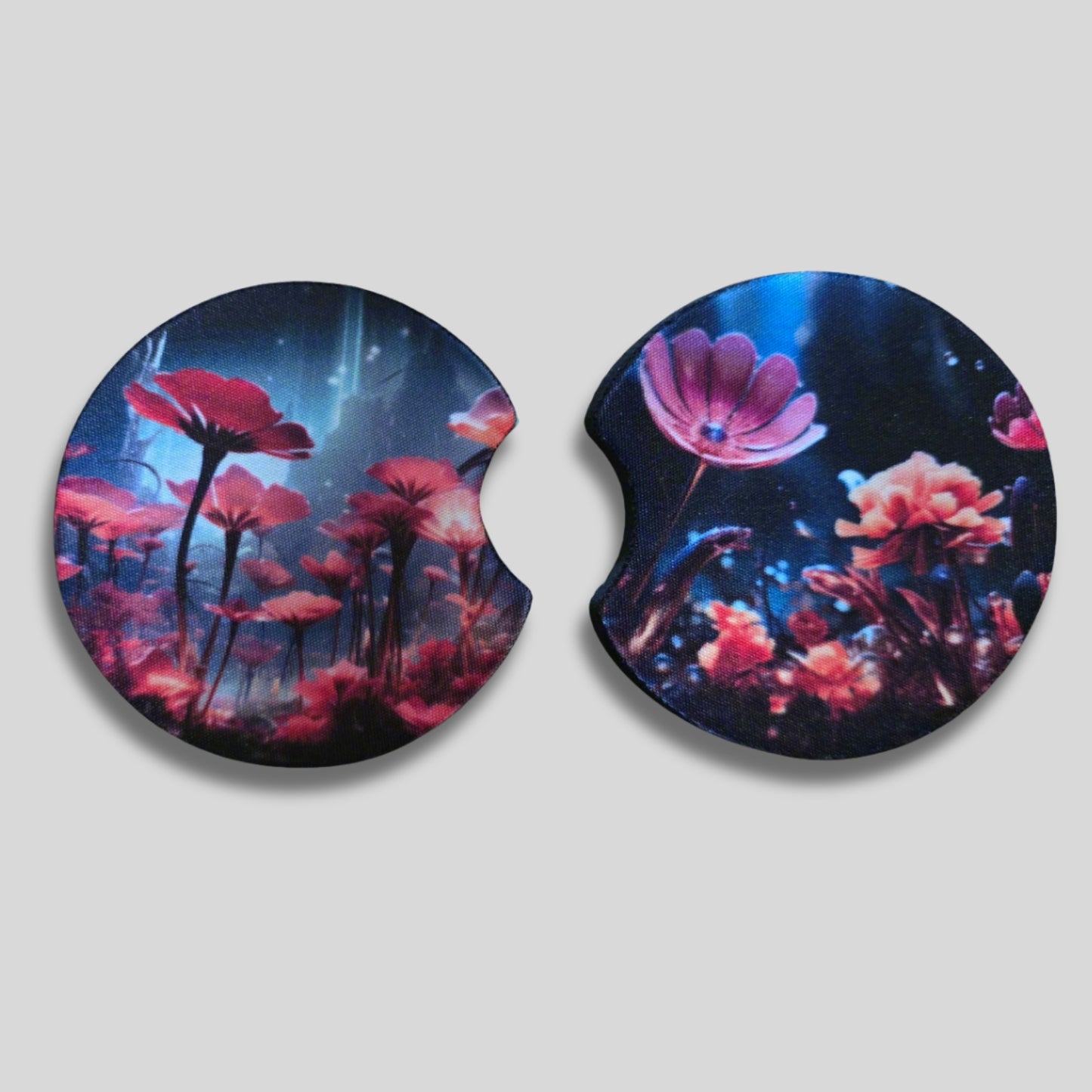 Cosmic Bloom Coasters 2-Pack - Round Car Cup Holder Coasters With Finger Groove Design