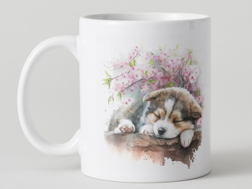 Adorable Cherry Blossom Puppy Mugs