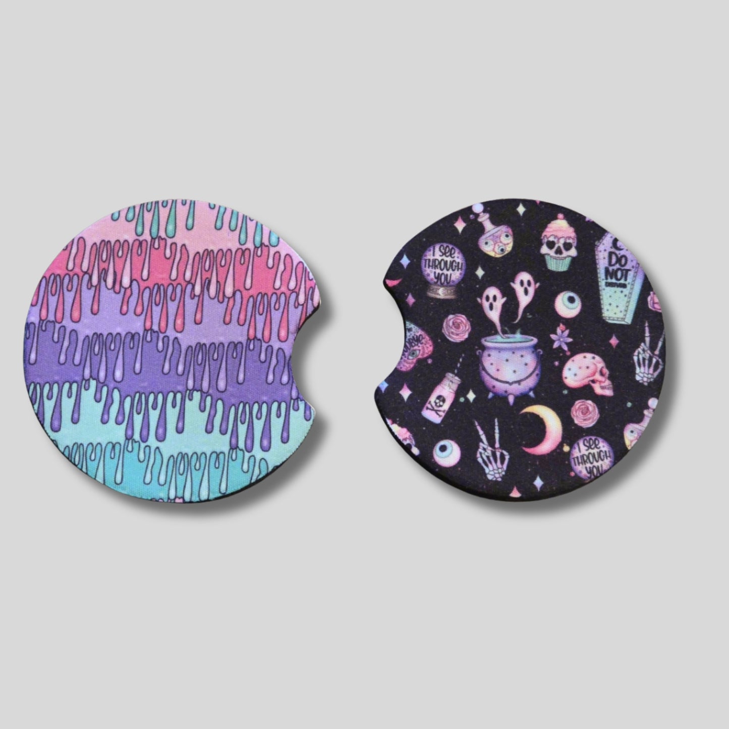 Pastel Goth Coasters 2-Pack - Round Car Cup Holder Coasters With Finger Groove Design
