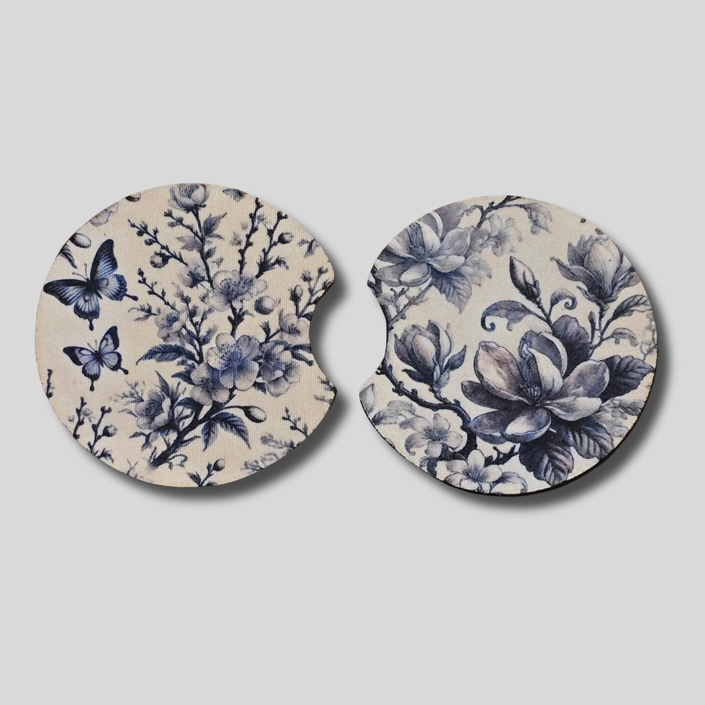 Blue Toile Coasters 2-Pack - Round Car Cup Holder Coasters With Finger Groove Design