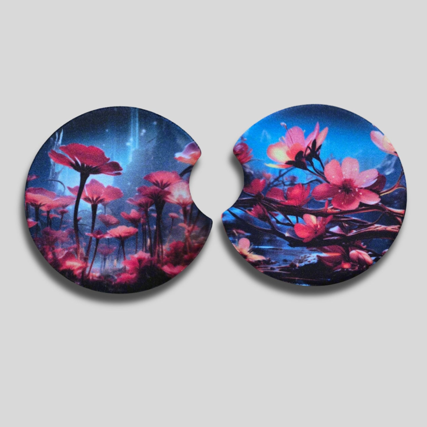 Cosmic Bloom Coasters 2-Pack - Round Car Cup Holder Coasters With Finger Groove Design