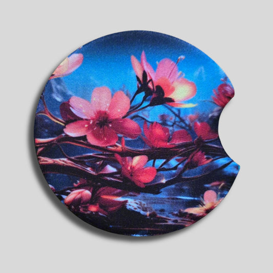 Cosmic Bloom Coasters 2-Pack - Round Car Cup Holder Coasters With Finger Groove Design
