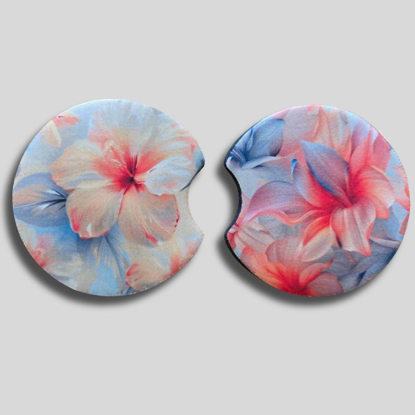 Pastel Hibiscus Coasters 2-Pack - Round Car Cup Holder Coasters With Finger Groove Design