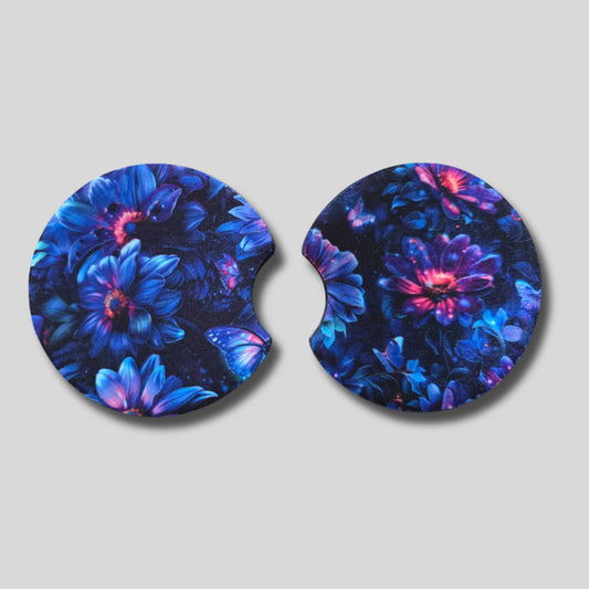Neon Bloom Coasters 2-Pack - Round Car Cup Holder Coasters With Finger Groove Design