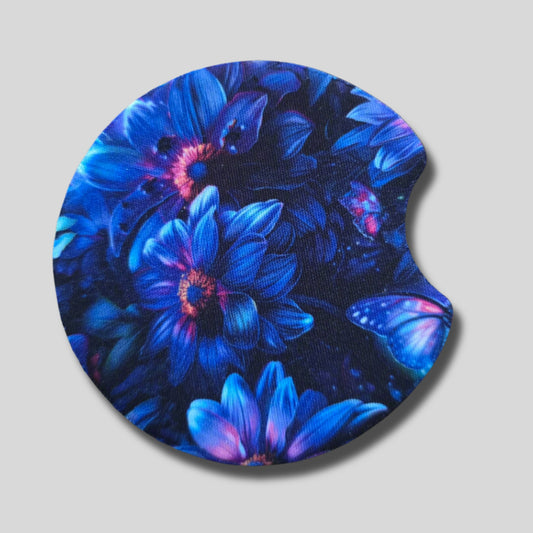 Neon Bloom Coasters 2-Pack - Round Car Cup Holder Coasters With Finger Groove Design