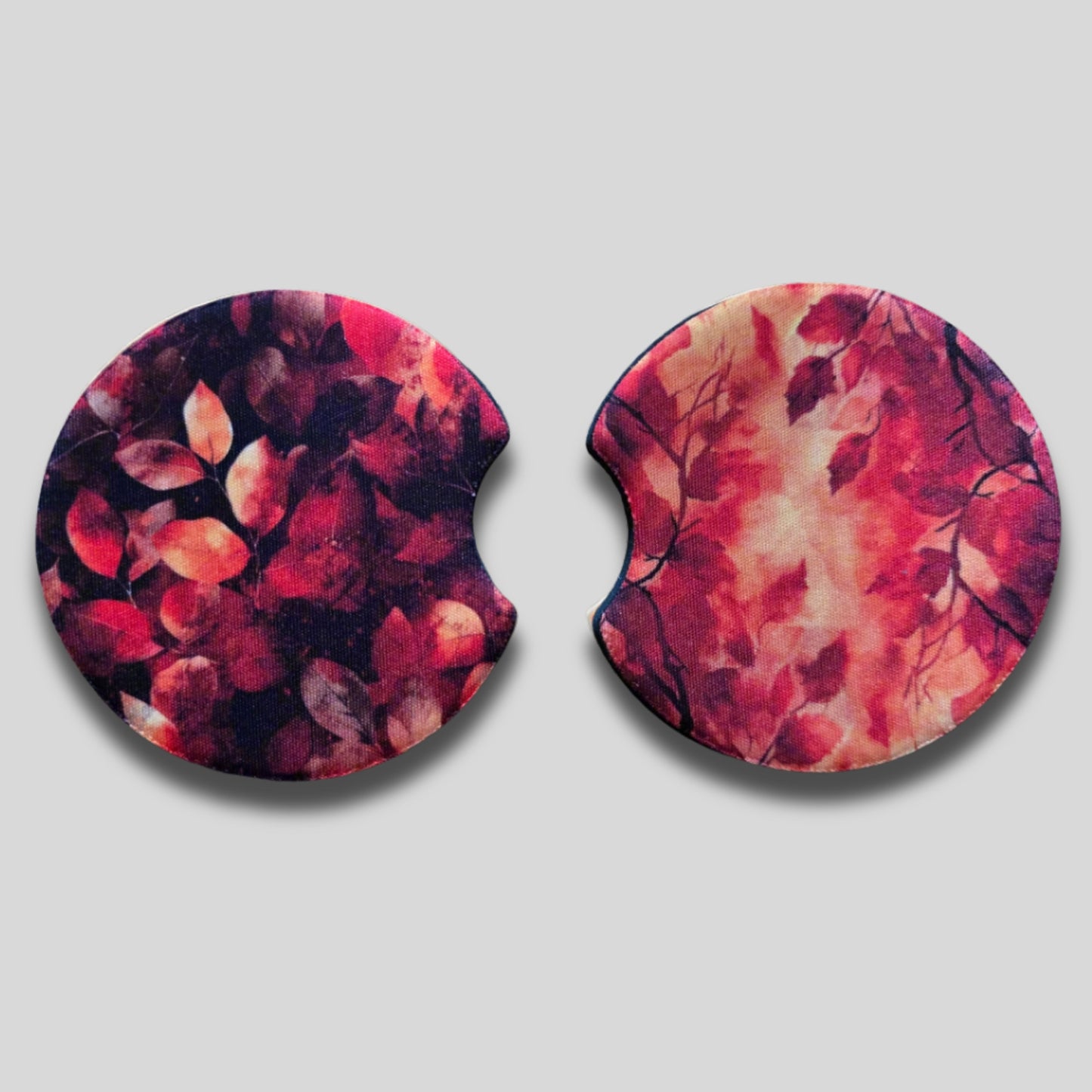 Autumn Leaves Coaster 2-Pack - Round Car Cup Holder Coasters With Finger Groove Design