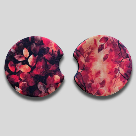 Autumn Leaves Coaster 2-Pack - Round Car Cup Holder Coasters With Finger Groove Design
