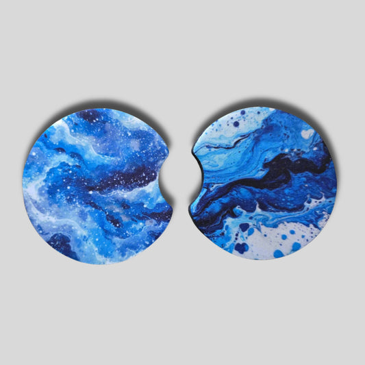 Ocean Waves Coasters 2-Pack - Round Car Cup Holder Coasters With Finger Groove Design