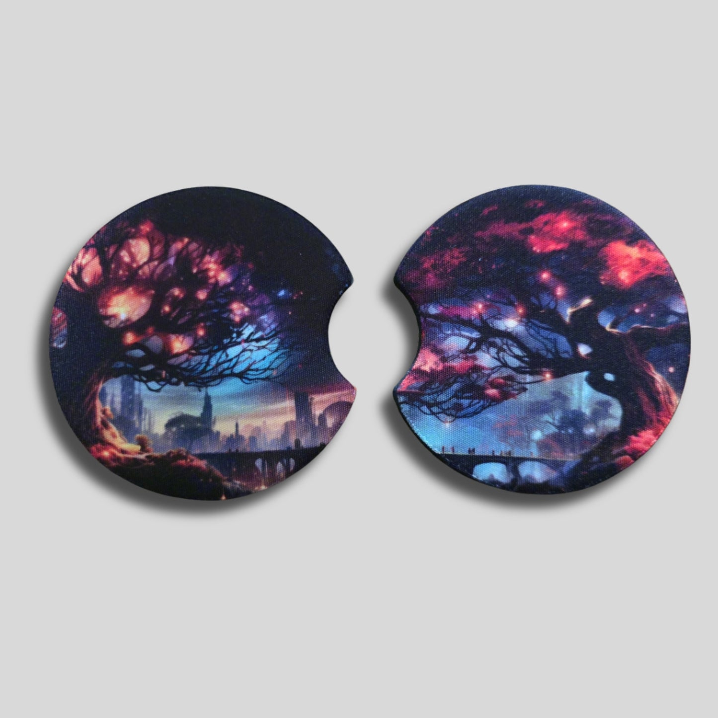 Cosmic Tree Coasters 2-Pack - Round Car Cup Holder Coasters With Finger Groove Design