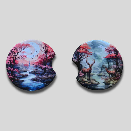 Enchanted Woodlands Coasters 2-Pack - Round Car Cup Holder Coasters With Finger Groove Design