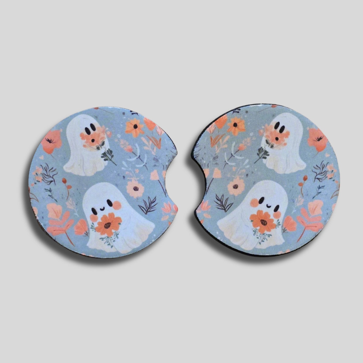 Cute Ghost Coasters 2-Pack - Round Car Cup Holder Coasters With Finger Groove Design