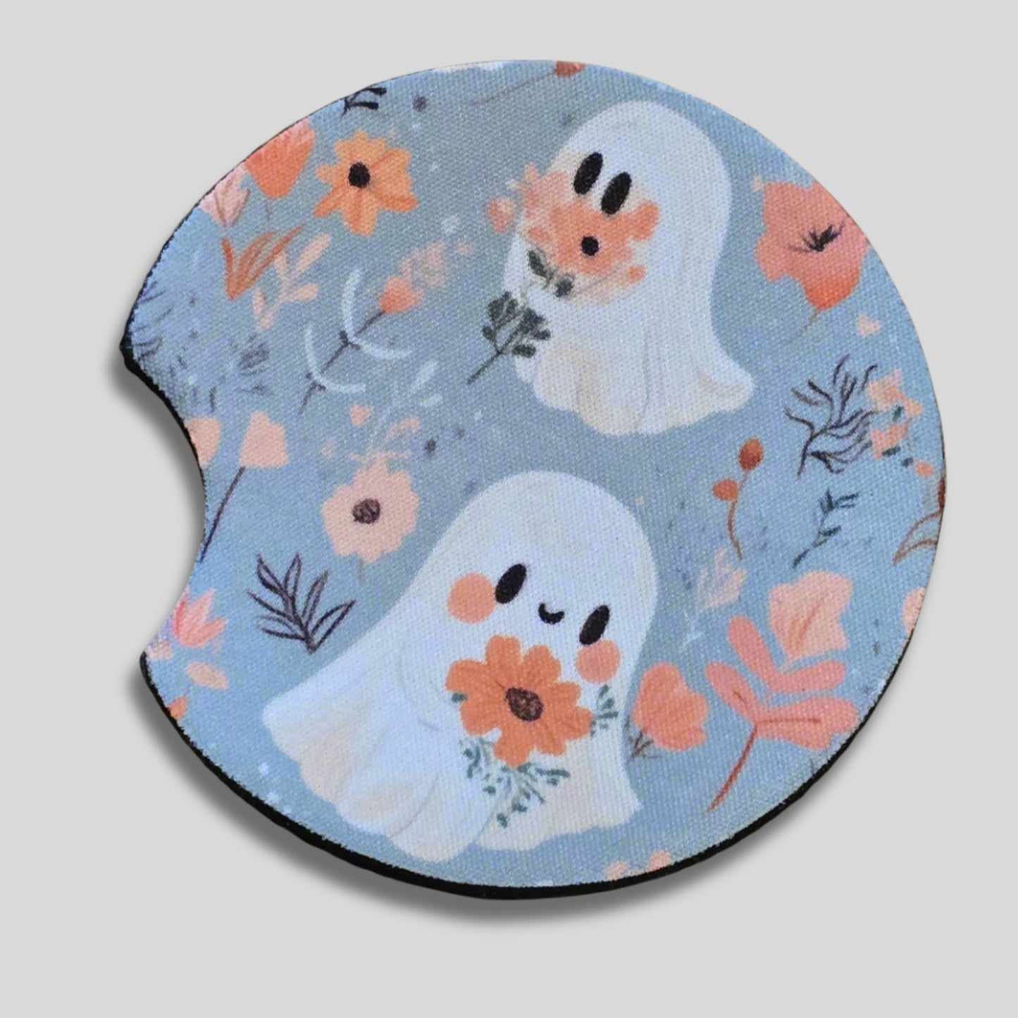 Cute Ghost Coasters 2-Pack - Round Car Cup Holder Coasters With Finger Groove Design