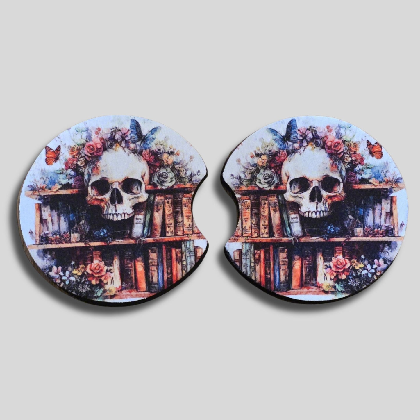 Skull Bookshelf Coasters 2-Pack - Round Car Cup Holder Coasters With Finger Groove Design