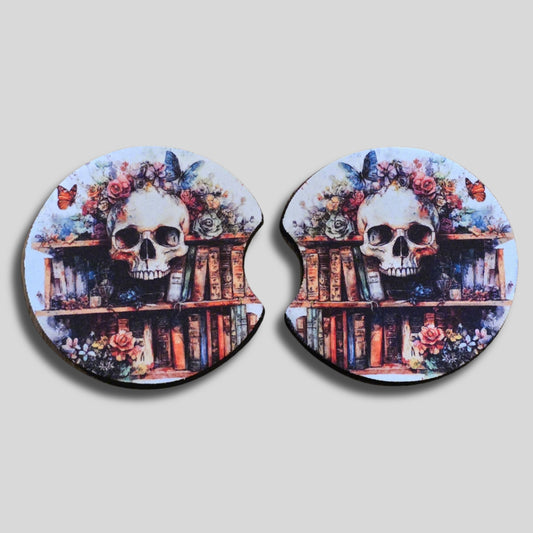 Skull Bookshelf Coasters 2-Pack - Round Car Cup Holder Coasters With Finger Groove Design