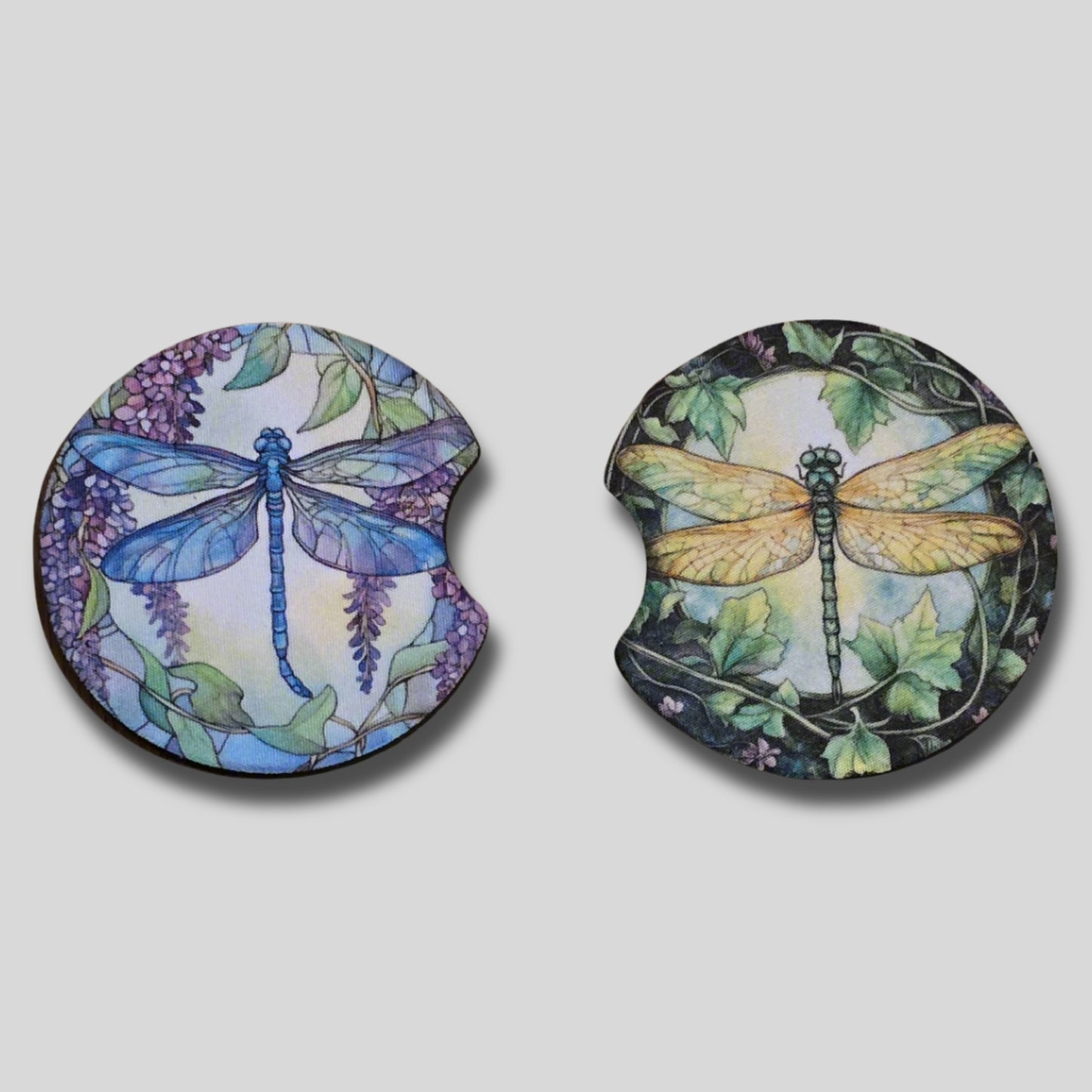 Dragonfly Coasters 2-Pack - Round Car Cup Holder Coasters With Finger Groove Design