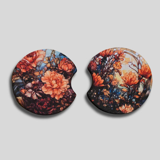 Stained Glass Flower Coasters 2-Pack - Round Car Cup Holder Coasters With Finger Groove Design