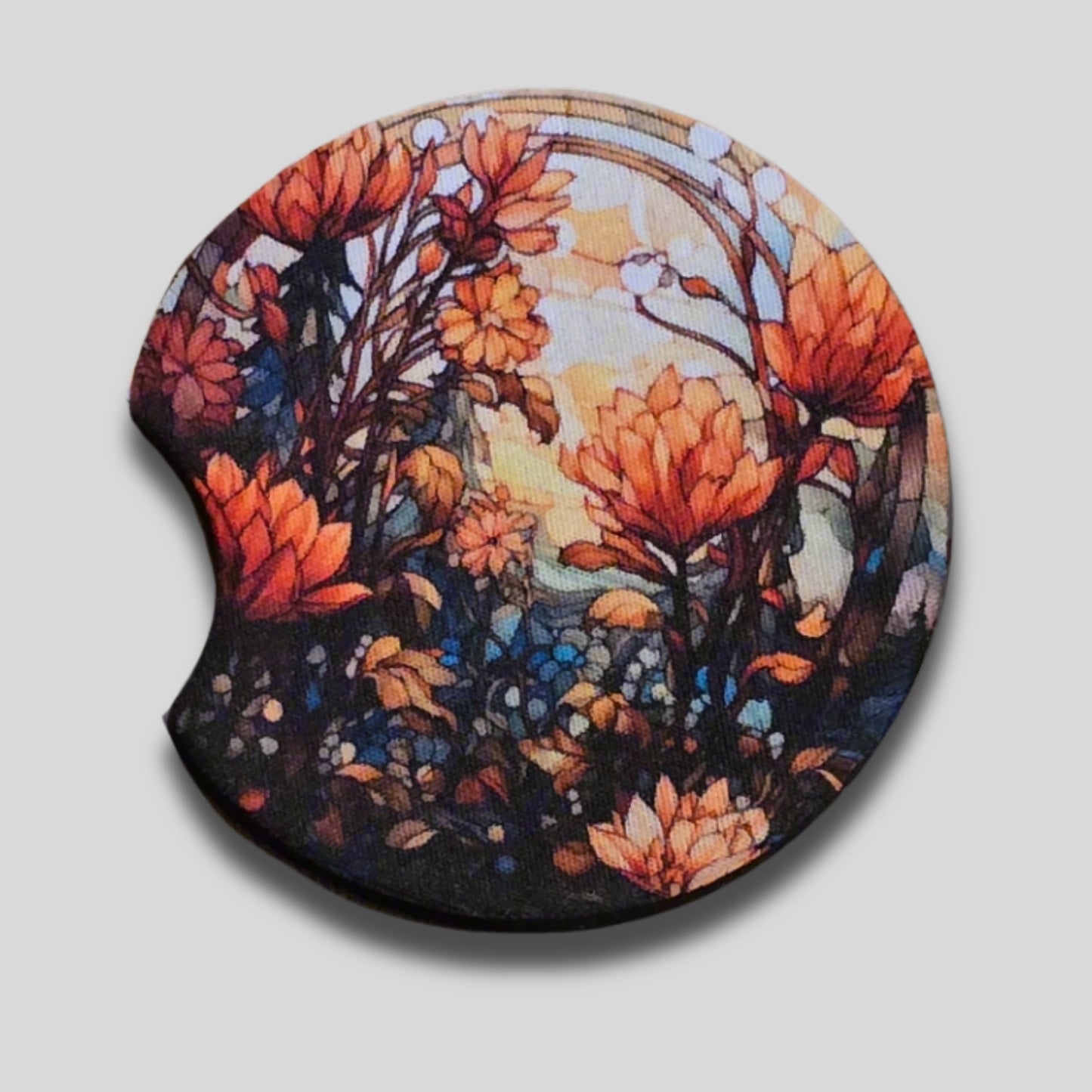 Stained Glass Flower Coasters 2-Pack - Round Car Cup Holder Coasters With Finger Groove Design