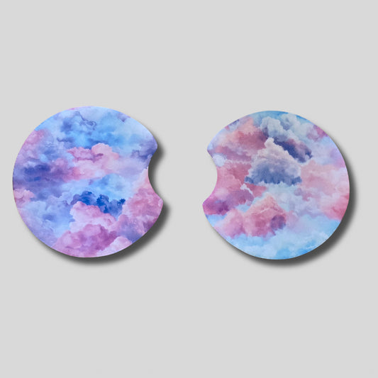 Pastel Clouds Coasters 2-Pack - Round Car Cup Holder Coasters With Finger Groove Design