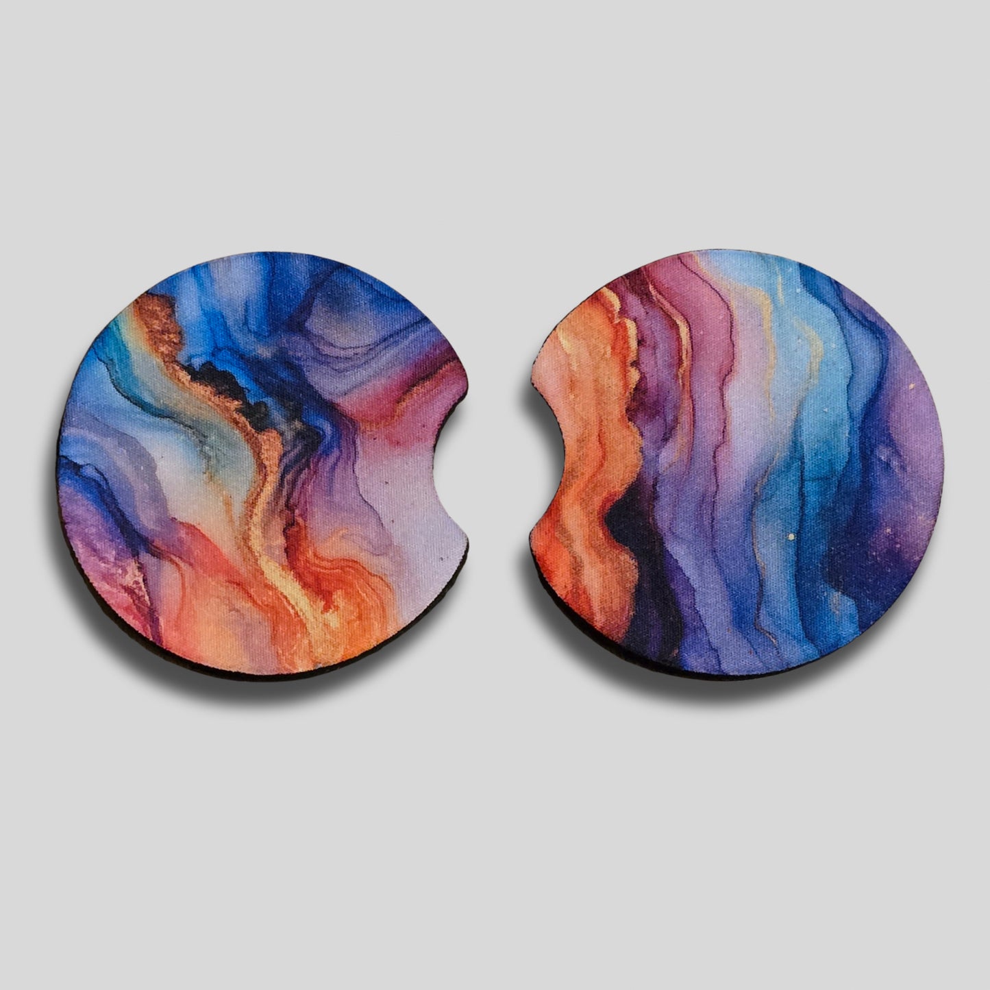 Colourful Watercolour Coaster 2-Pack - Round Car Cup Holder Coasters With Finger Groove Design